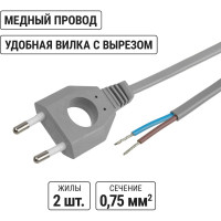 Шнур с выключателем и плоской вилкой с вырезом TDM ELECTRIC ШУ03В ШВВП 2x0,75мм2, 2 м. серебристый металлик SQ1305-0025