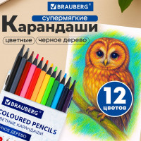 Цветные карандаши 12 цветов BRAUBERG, черное дерево, грифель мягкий 3,3 мм 4 шт 181856