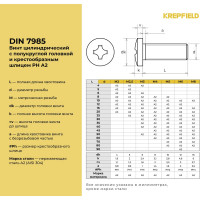 Нержавеющий винт с полукруглой головкой KREPFIELD M5x90 мм, DIN 7985, А2, крестообразный шлиц PH, 20 шт. 7985А2ВИНТ5X90-20