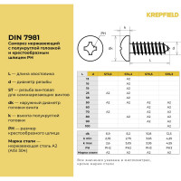 Нержавеющий саморез с полукруглой головкой KREPFIELD 4,8x38 мм, DIN 7981, А2, крестообразный шлиц PH, 40 шт. 7981А2САМОРЕЗ4.8X38-40