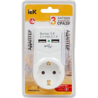 Адаптер IEK Т-01 01 1 место, 2P+PE, 16А, 2хUSB 2,1A, белый WTP10-16-01-ZKU-K01