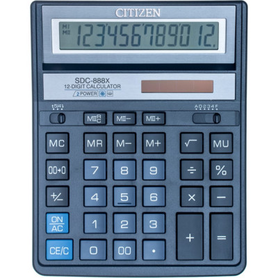 Citizen Калькулятор настольный SDC-888XBL, 12 разрядов, двойное питание, синий SDC-888XBL
