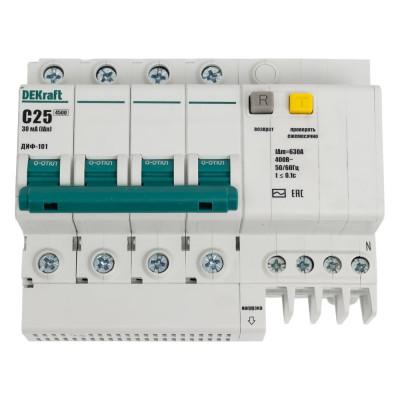 Автоматический выключатель дифференциального тока (АВДТ) DEKraft ДИФ-101, 4 Р, хар-ка C, 25 A, 30 мА, тип AC, 4.5 кА 15022DEK