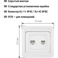 Розетка компьютерная RJ-45 + телефонная RJ-11, белая TDM Валдай SQ1804-0015