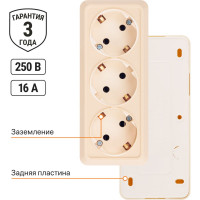 Горизонтальная 3-х местная розетка TDM ELECTRIC 2П+3 открытой установки IP20 16A слоновая кость Ладога SQ1801-0226