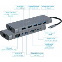 Адаптер интерфейсов Cablexpert USB-C 8-в-1 (Type-C, USB3.1, HDMI,DP,VGA,RJ-45,AUX,кардридер), коробка A-CM-COMBO8-01