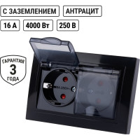 Двойная розетка TDM ELECTRIC 2П+З с защитными шторками и прозрачной крышкой 16А 250В IP44 антрацит Таймыр SQ1814-0877