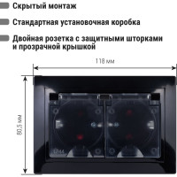 Двойная розетка TDM ELECTRIC 2П+З с защитными шторками и прозрачной крышкой 16А 250В IP44 антрацит Таймыр SQ1814-0877