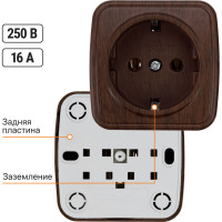 Розетка TDM ELECTRIC 2П+З открытой установки IP20 16А, венге "Дача" Народная SQ1824-0028