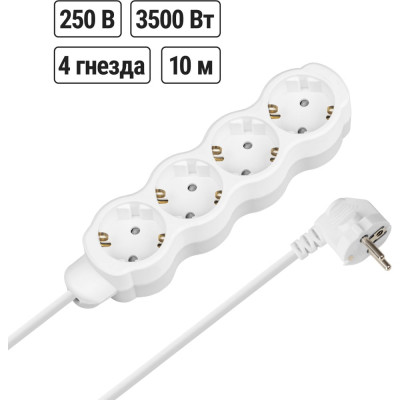 Удлинитель сетевой TDM ELECTRIC 4 розетки, 10 метров, с заземлением, с защитной шторкой, ПВС 3х1мм2 16А 250В бело-серый SQ1303-0284