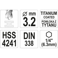 Сверло по металлу HSS-TiN 3.2 мм с хвостовиком HEX1/4 YATO YT-44755