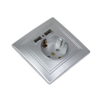 Розетка Intro Plano с заземлением 2P+E Schuko со шторками, 2хUSB 5В-2,1А, IP20, СУ, алюминий, Б0053944