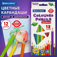 Карандаши цветные 12 шт в упаковке BRAUBERG PREMIUM 12 цветов трехгранные грифель мягкий 33 мм  181651