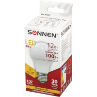 Светодиодная лампа SONNEN 12Вт, цоколь Е27, грушевидная, теплый белый свет, LED A60-12W-2700-E27 453697