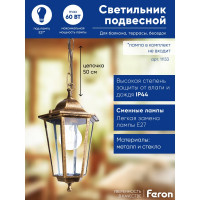 Садово-парковый светильник FERON 6105/PL6105 шестигранный на цепочке 60W E27 230V, черное золото 11133