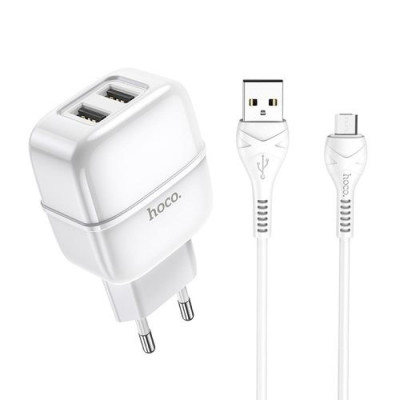 HOCO Сетевое ЗУ 2хUSB-А, 2.4A + кабель AM-microBM 1 м, белый 23753-C77AMW
