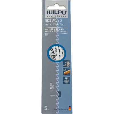 WILPU Полотно 3018/150 Bi-metall х 5 шт/уп для стали, нерж.ст. 3,5-5 мм, цвет.мет 1481500005