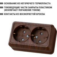 Двойная розетка открытой установки с защитными шторками 2П+З IP20 16А, бук TDM ELECTRIC Ладога SQ1801-0040