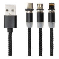 Магнитный кабель SONNEN для зарядки 3в1 USB 2.0-Micro USB/Type-C/Ligtning, 1м, черный 513561