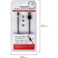 Магнитный кабель SONNEN для зарядки 3в1 USB 2.0-Micro USB/Type-C/Ligtning, 1м, черный 513561