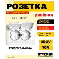 2-местная розетка STEKKER с заземлением, с крышкой, PST16-9015-01, 250В, 16А, серия Эрна, белый 49139