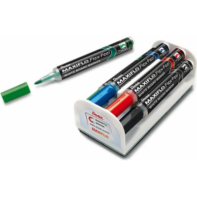 Pentel Набор маркеров для досок Maxiflo Flex-Feel 4 цвета с магнитной губкой 1 - 5 мм кисть MWL5SBF-4N черный,красный,синий,зелёный 610041