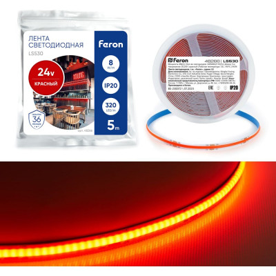 FERON Светодиодная LED лента LS530 COB 320SMD(2110) 8Вт/м 24V 5000x8x1,8мм IP20, красный, 48266
