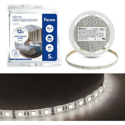 FERON Cветодиодная led лента ls607, 60smd(5050)/м 14.4вт/м 5м ip65 12v 4000к, 48290