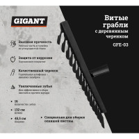 Gigant Грабли витые 16-ти зуб.порошк.покр.с дер.чер.1 сорт, GFE-03