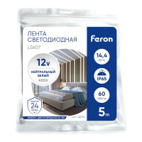 Cветодиодная led лента FERON ls607, 60smd(5050)/м 14.4вт/м 5м ip65 12v 4000к, 48290