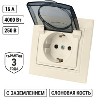Розетка с защитными шторками и крышкой, слоновая кость 2П+З 16А 250В IP42 TDM ELECTRIC Таймыр SQ1814-0119