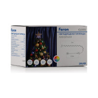 Гирлянда FERON 4.5V 20 LED мульти, 1.28W, 42mA, длина 2 м, батарейки 3АА, IP20, шнур 0,5 м 0.12мм, 26762