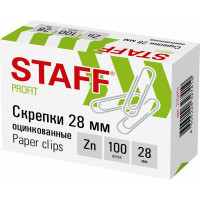 Скрепки 28 мм Staff, оцинкованные, в картонной коробке 10 упаковок по 100 шт 270451