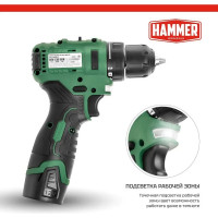 Аккумуляторная дрель Hammer (13180) бесщеточная, 12в 2x2ач liion, 10мм 0-400/0-1350 об/мин, 32нм в кейсе ACD12BLC 827375