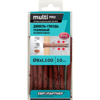 Усиленный нейлоновый дюбель-гвоздь ЕВРОПАРТНЕР multi pro uk, потайная манжета, 8x100 мм, 10 шт. B7 0008