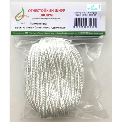 ЭКОВУЛ (EKOWOOL) ЭКОВУЛ EKOWOOL Кремнеземный шнур ЭКОВУЛ ШКНН-1 диаметр 6 мм, длина 20 м 10010