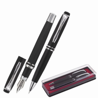 BRAUBERG Набор ручек подарочных Duetto, СИНИЕ, 2 шт: шариковая, перьевая, черный с хром., 143478