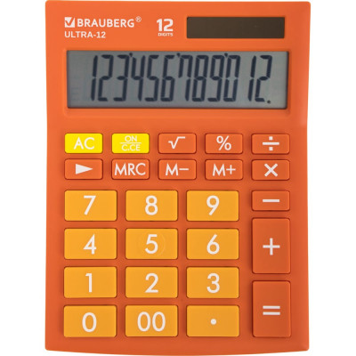BRAUBERG Калькулятор настольный ULTRA-12-RG 192x143мм, 12 разрядов, дв.питание, ОРАНЖЕВЫЙ, 250495