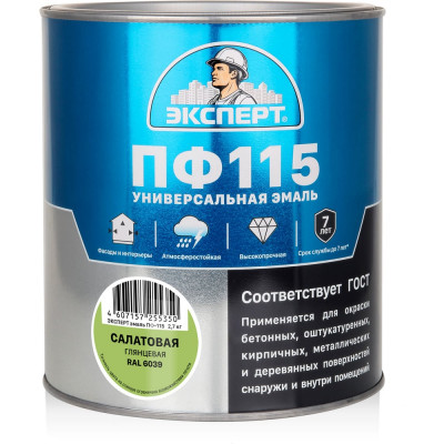 Эмаль ЭКСПЕРТ ПФ-115 глянцевая, салатовая, RAL 6039 2.7 кг 34103