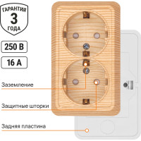Розетка TDM ELECTRIC двойная 2П+З открытой установки с защитными шторками IP20 16А, сосна, серия "Ладога" SQ1801-0056