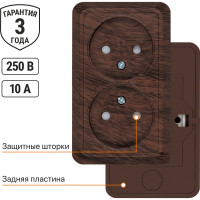 Розетка TDM ELECTRIC двойная 2П открытой установки с защитными шторками IP20 10А, бук, серия "Ладога" SQ1801-0039
