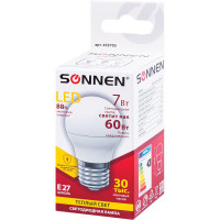 Светодиодная лампа SONNEN 7 Вт, цоколь E27, шар, теплый белый свет, LED G45-7W-2700-E27, 453703