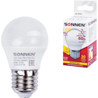 Светодиодная лампа SONNEN 7 Вт, цоколь E27, шар, теплый белый свет, LED G45-7W-2700-E27, 453703