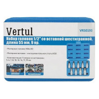 Набор головок 1/2" DR со вставкой шестигранной, длина 55 мм, 9 предметов VERTUL VR50193