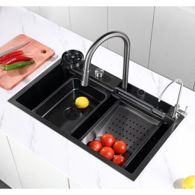 Многофункциональная кухонная мойка из нержавеющей стали OUTE 75x46 см со встроенным смесителем, краном питьевой воды и водопадом, с дуршлагом, омывателем стаканов и разделочной доской T87546Y-1+T710Y