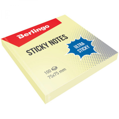 Berlingo Самоклеящийся блок Ultra Sticky 75/75мм 100л пастель желтый LSn_39100