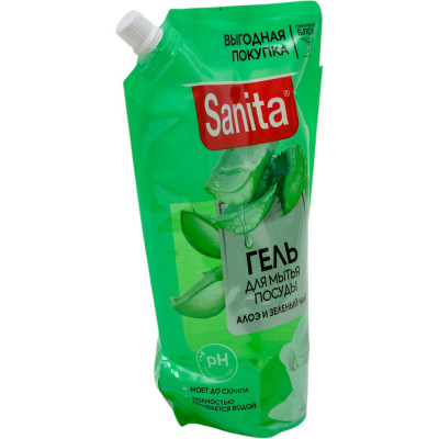 Sanita Гель для мытья посуды, Алоэ и зеленый чай, 900 г дой-пак, 23527 27851