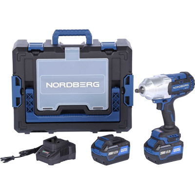 Гайковерт аккумуляторный NORDBERG, 1/2", 20 В, 1700 Нм, с двумя аккумуляторами 6 А·ч и зарядным устройством 1,8 А, в кейсе NE812K