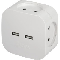 Электрический разветвитель ЭРА SP-4-USB-W на 4 розетки, 220V + 2xUSB 2400mA, без заземления, 10А, белый Б0049532