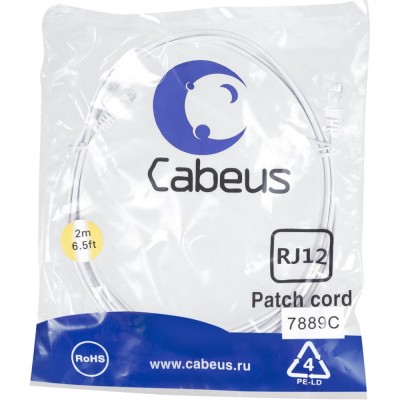 Cabeus Патч-корд телефонный 2x6р4с, белый, PVC, 2 м PC-TEL-RJ12-2m